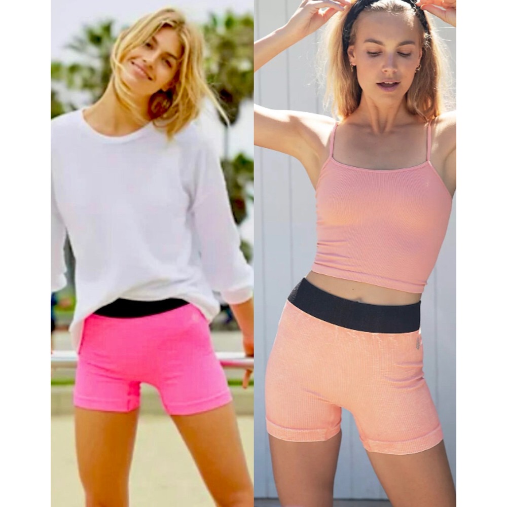 2 Free People Happiness Runs Prajna Shorts Ribbed Seamless Pink/Coral Reef M/L